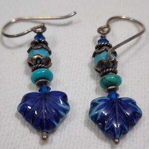 Cobalt Lapis Blue Heart Leaf Shape Bead Handcrafted Artisan Dangle Drop Earrings